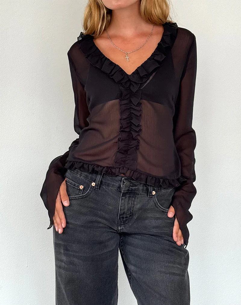 Adriana Ruffle Top in Chiffon Black - Awmao