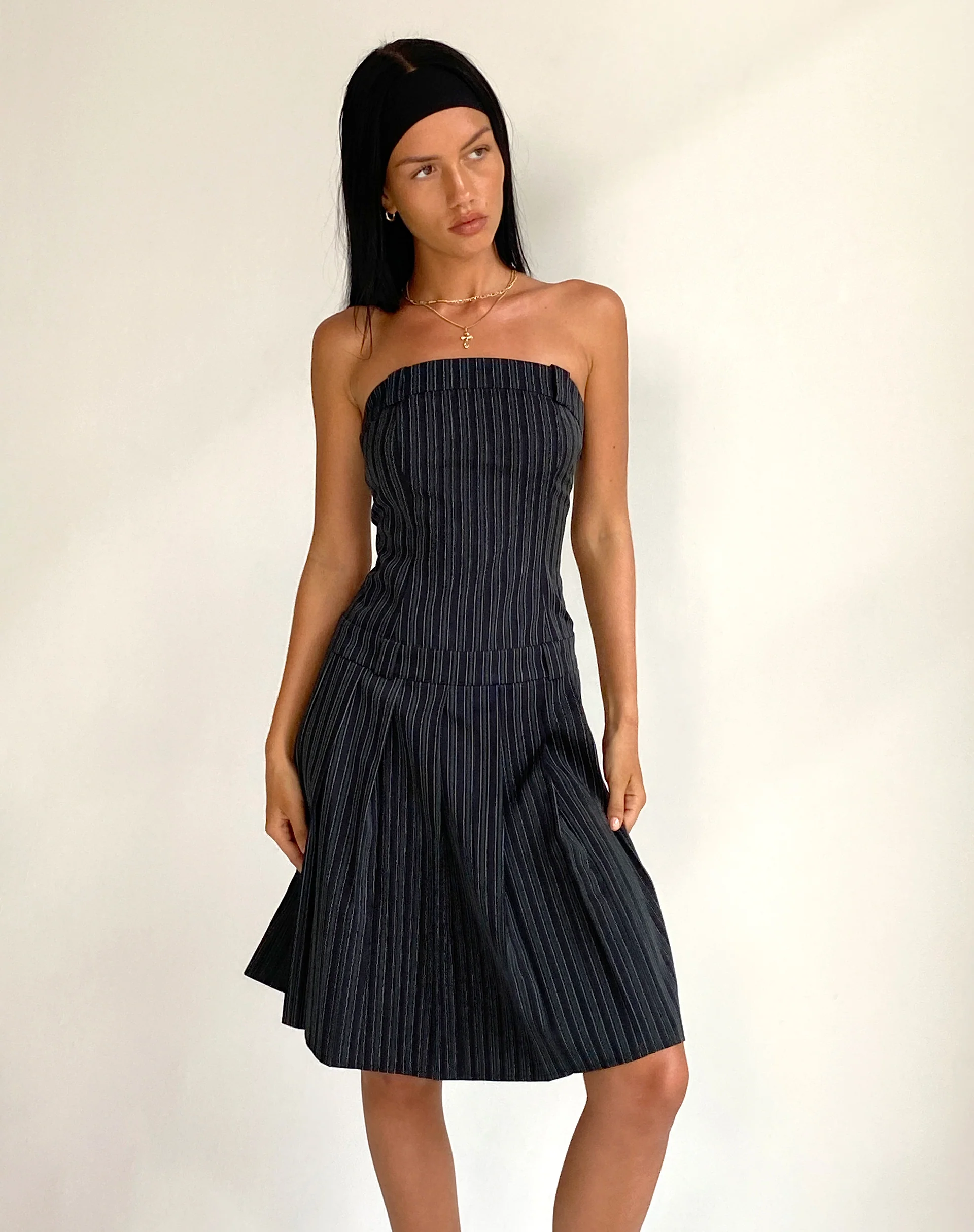 Aldari Bandeau Midi Dress in Tailoring Black Pinstripe - Awmao