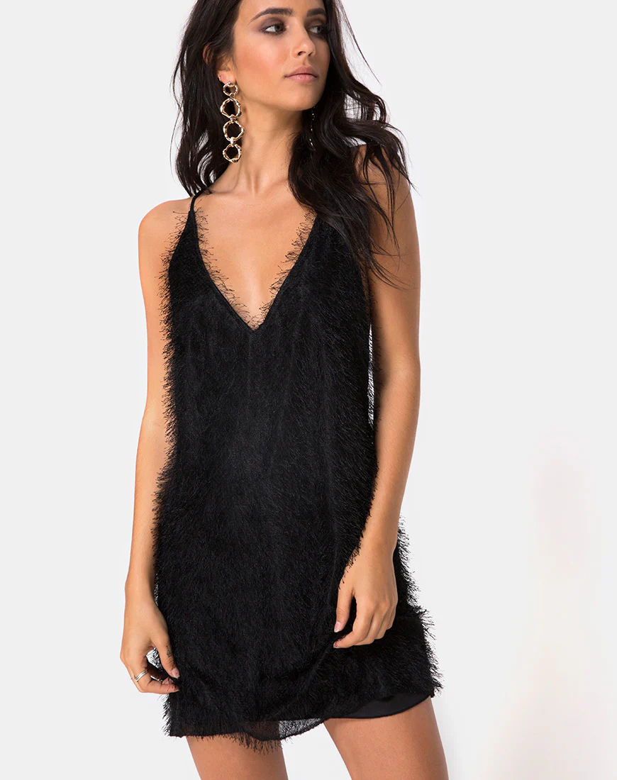 Finn Slip Dress in Fringe Black - Awmao