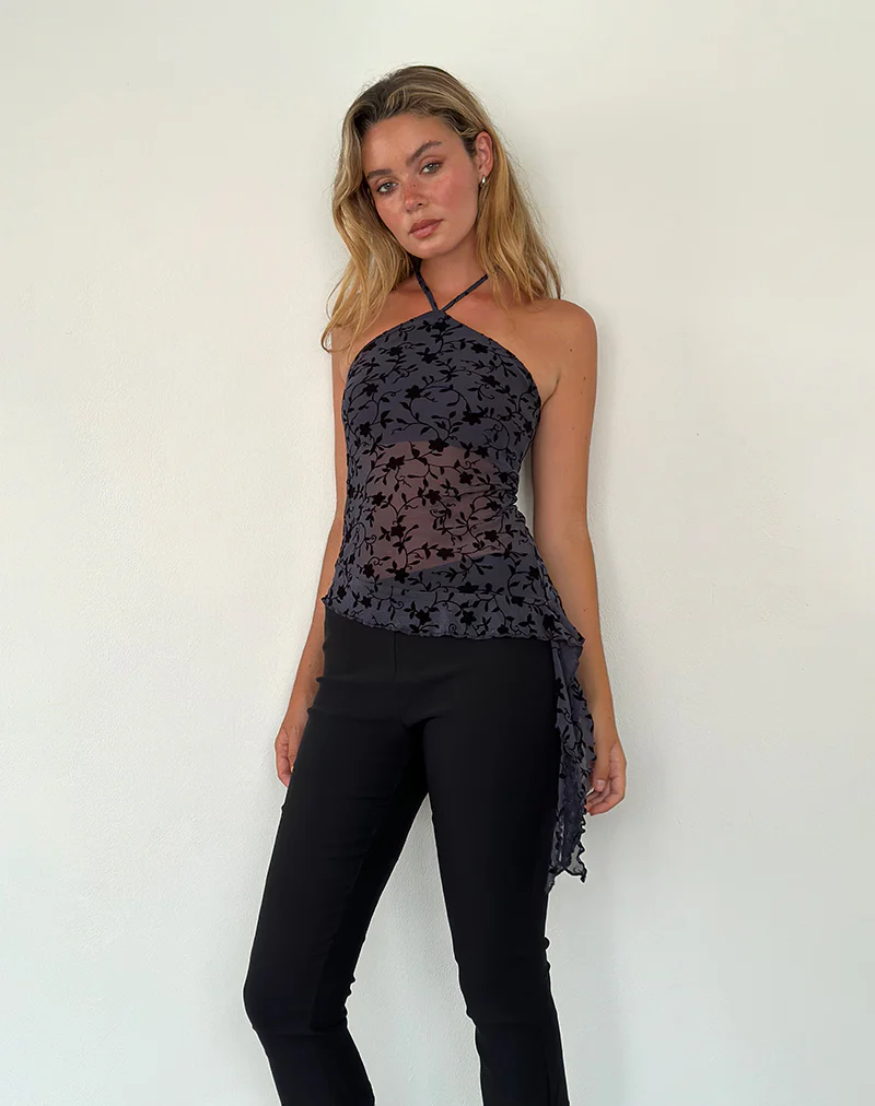 Arabella Halterneck Top in Pretty Petal Flock Navy - Awmao
