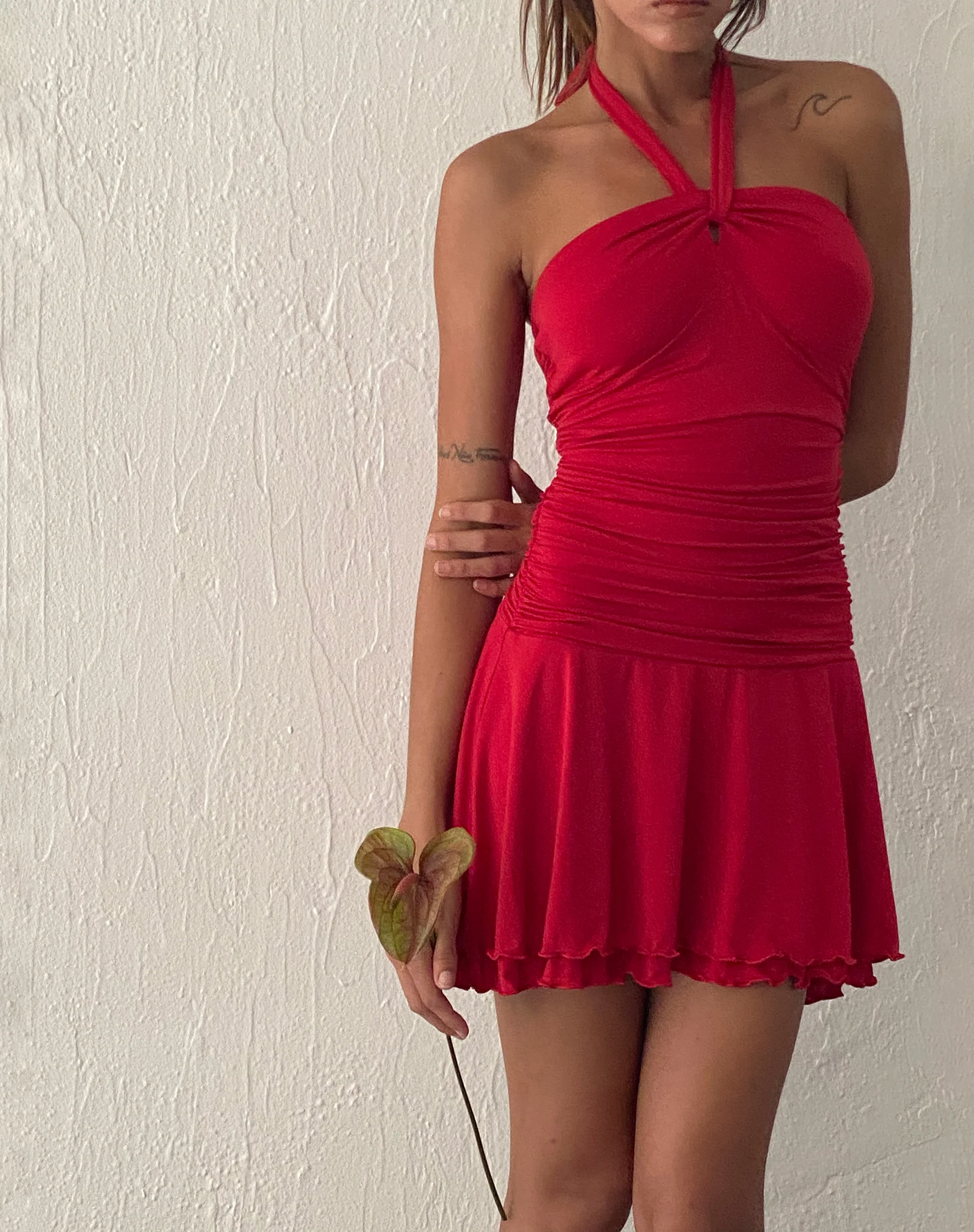 Bibi Bandeau Halterneck Mini Dress in Red - Awmao