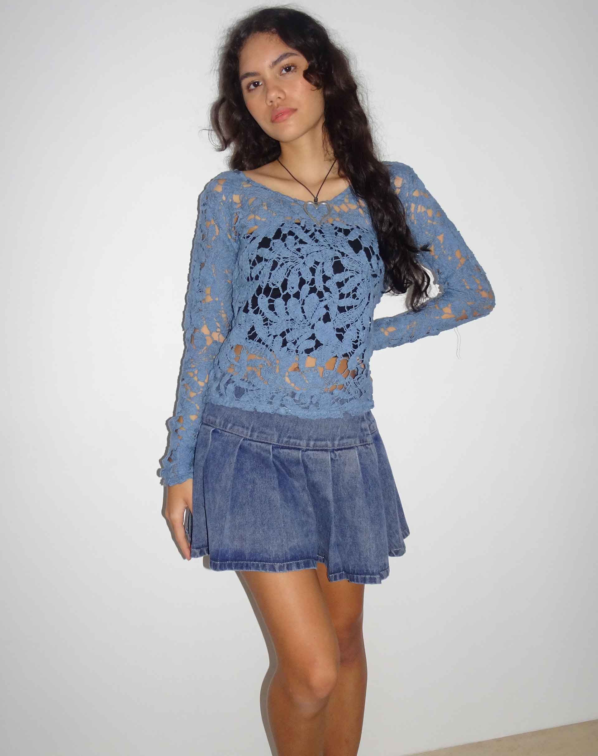 Ripu Floral Crochet Long Sleeve Top in Midnight Blue - Awmao