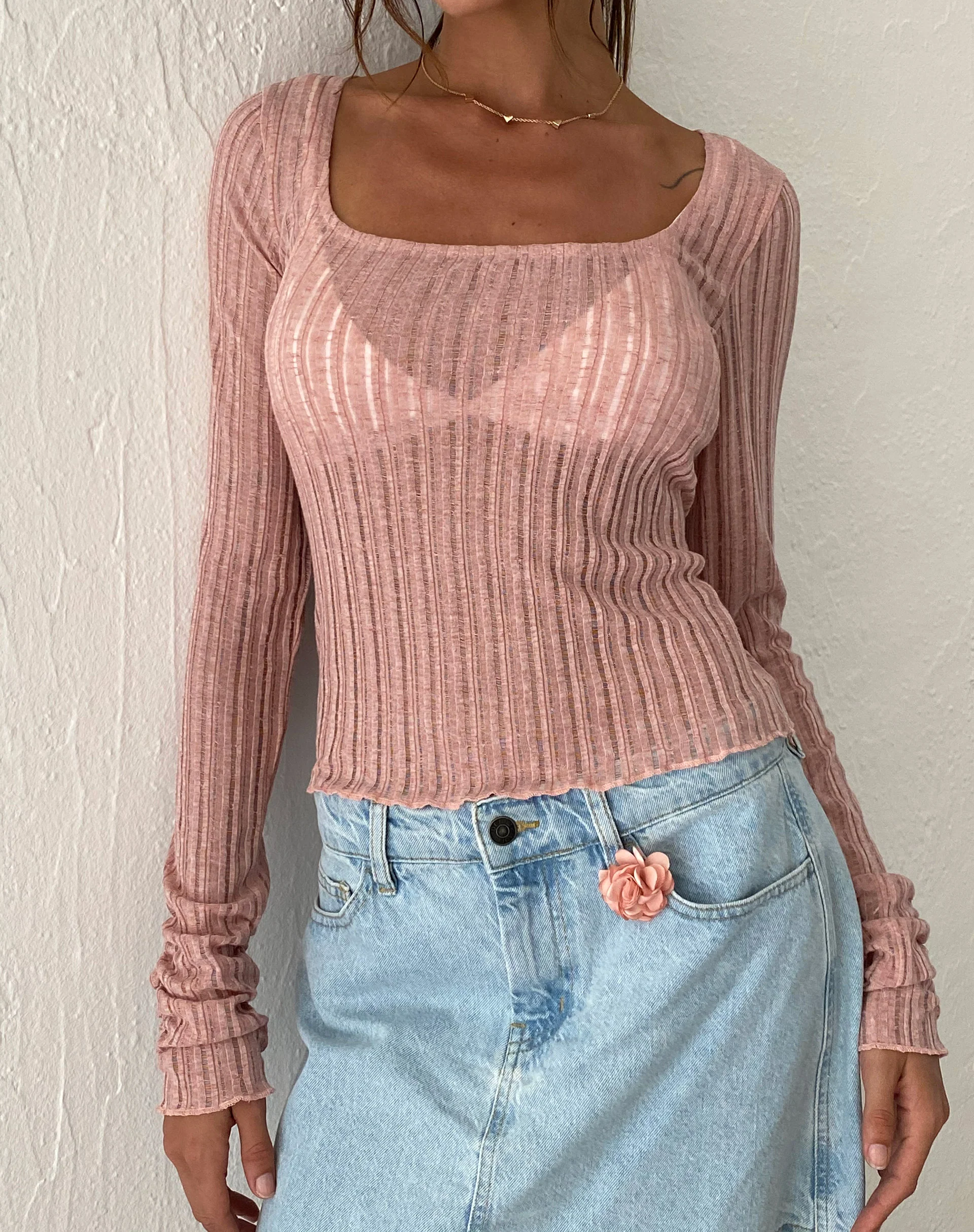 Halsey Knitted Extra Long Sleeve Top in Pink - Awmao