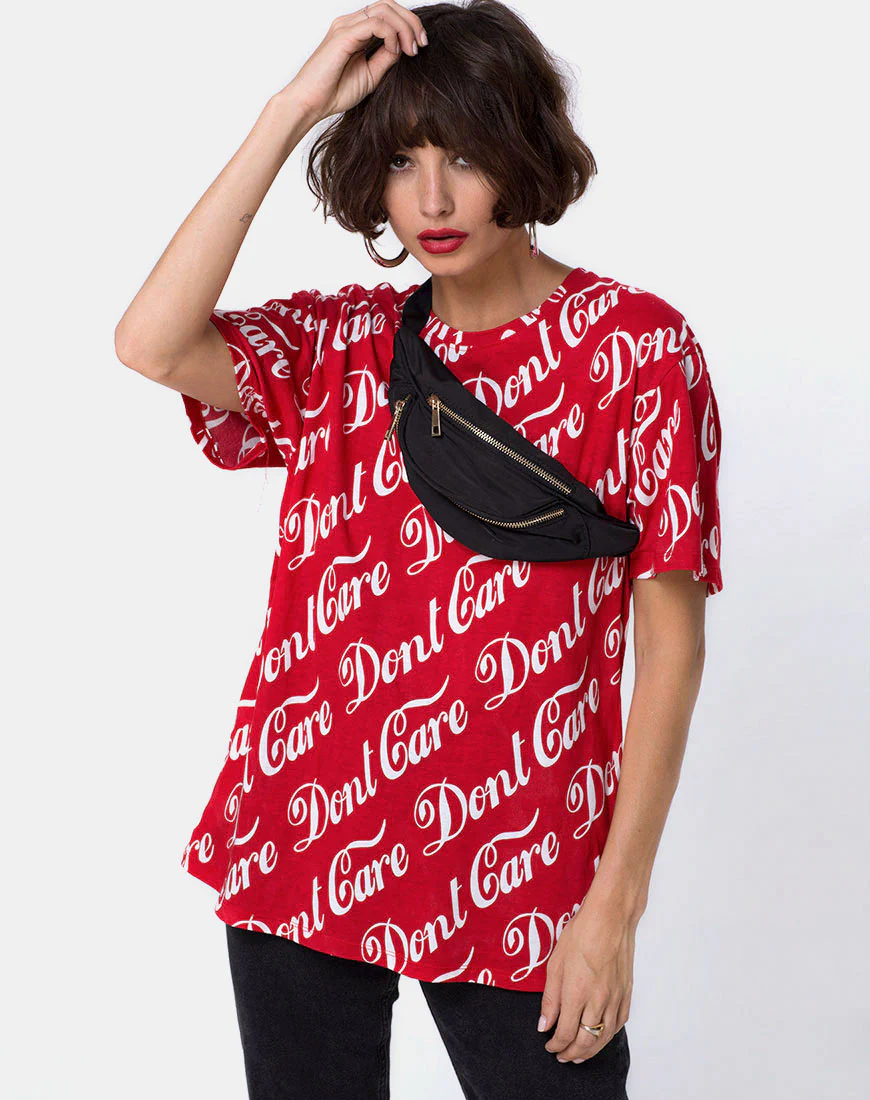Oversize Basic Tee in Red Don t Care Full Print - Awmao
