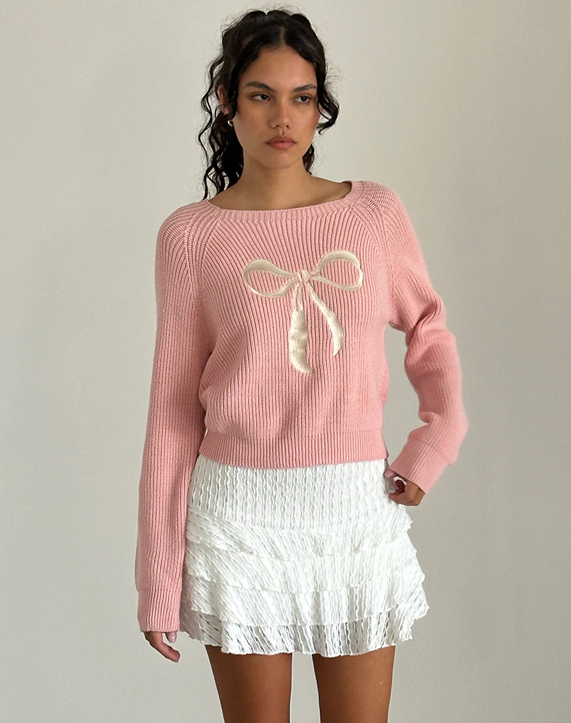 Tami Jumper in Knit Pink with White Bow Embroidery - Awmao