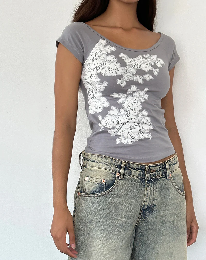 Charya Off the Shoulder Top in Grey Floral Lace - Awmao