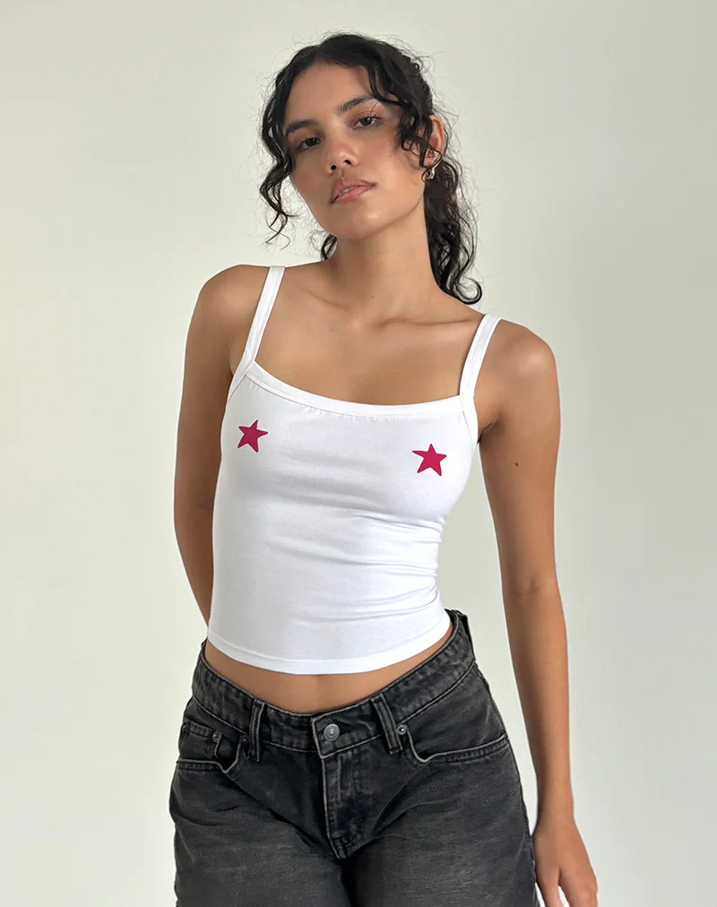 Icah Cami Top in White with Stars Placement - Awmao