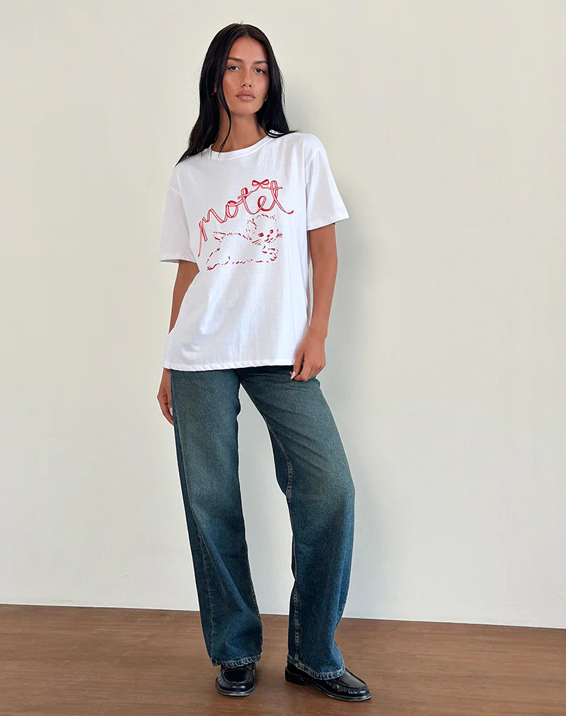 Oversized Basic Tee in White with Kitty - Awmao