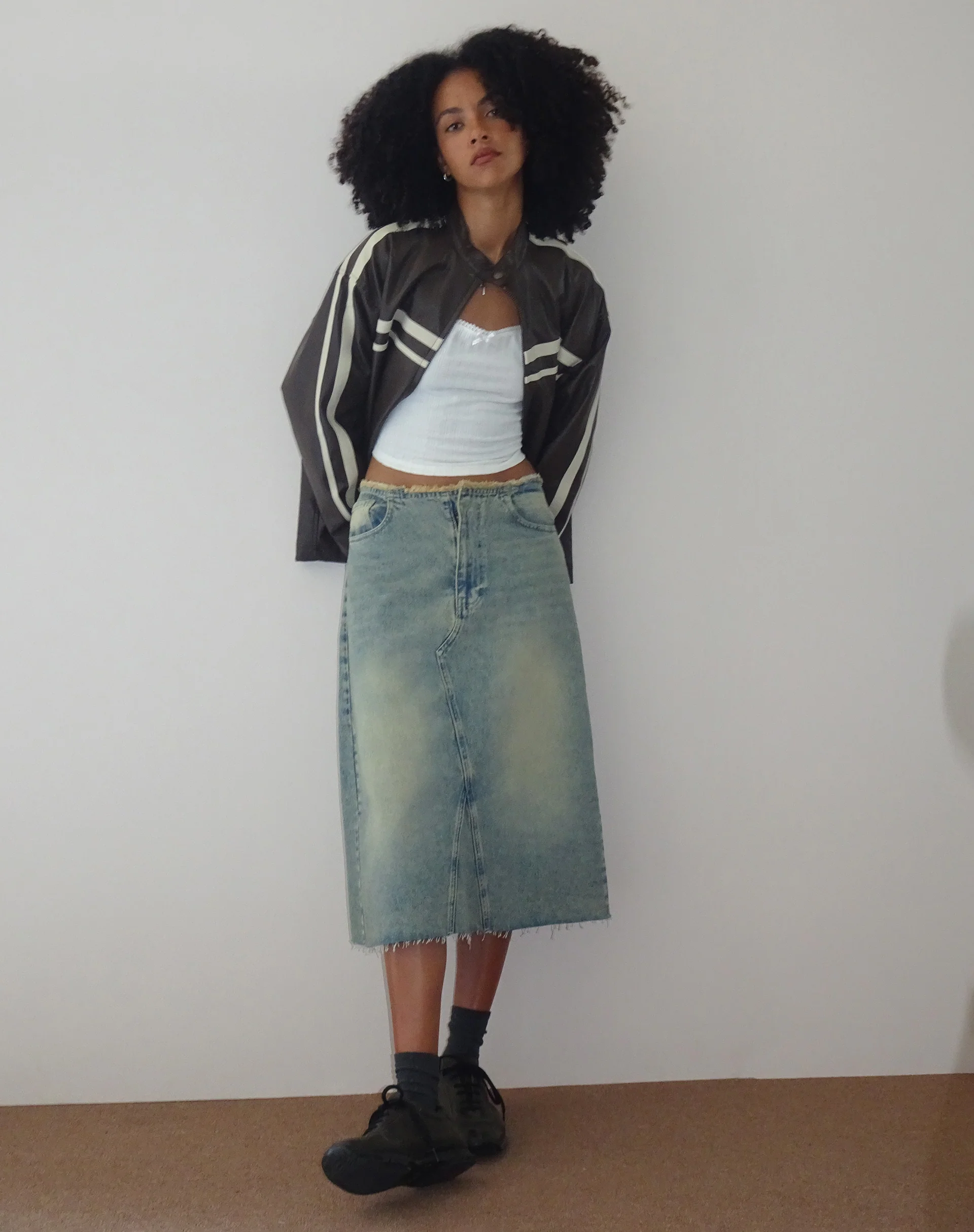 Low Rise Denim Midi Skirt in Light Blue Sand - Awmao