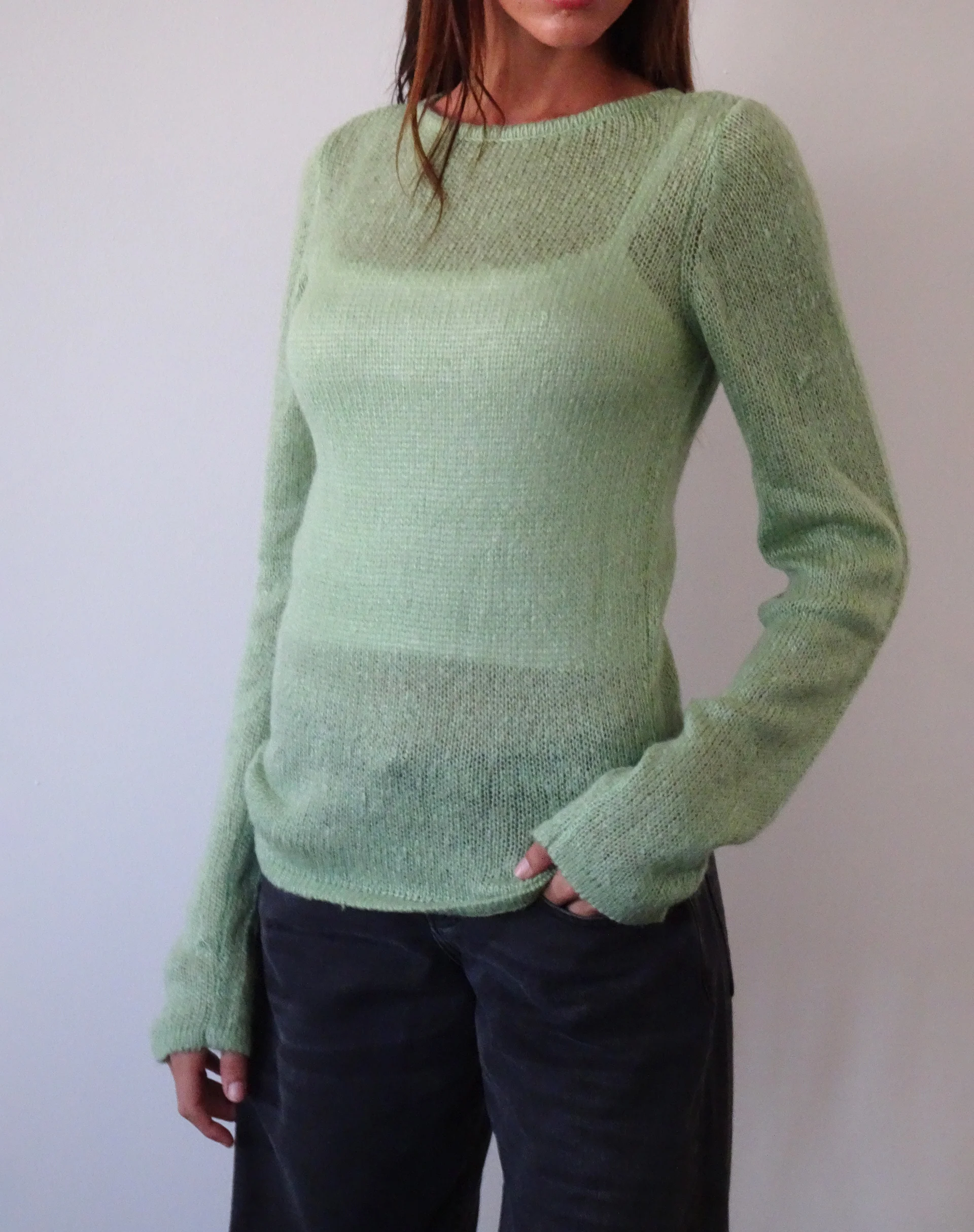 Sukana Long Sleeve Sheer-Knit Top in Light Green - Awmao
