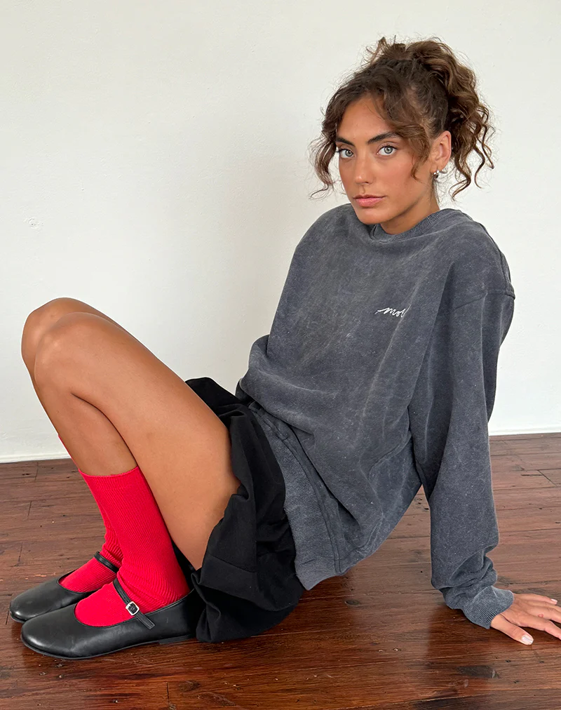 Tillie Jumper in Black Wash with Off White 'MOTEL' Embroidery - Awmao