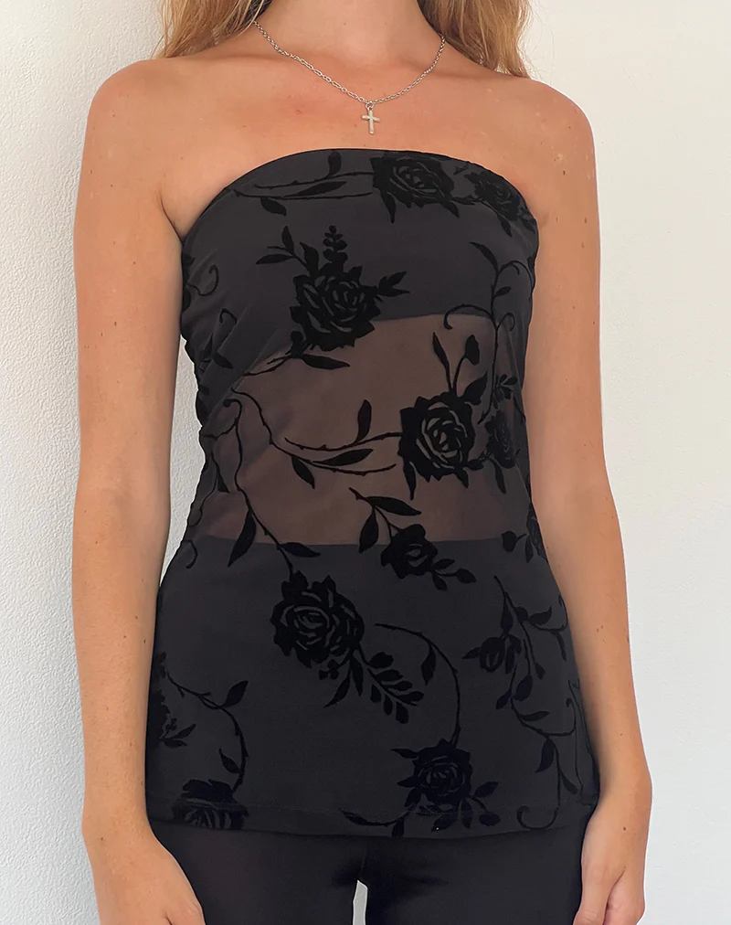 Bilancia Bandeau Top in Rose Flock Black - Awmao