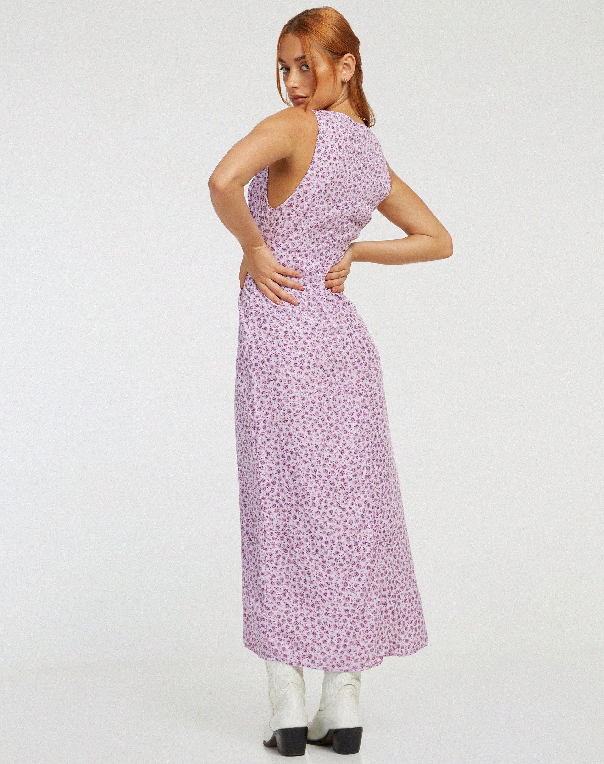 Fiaso Midi Dress in Ditsy Rose Lilac - Awmao