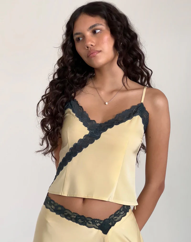 Darena Cami Top in Buttermilk with Grey Lace - Awmao