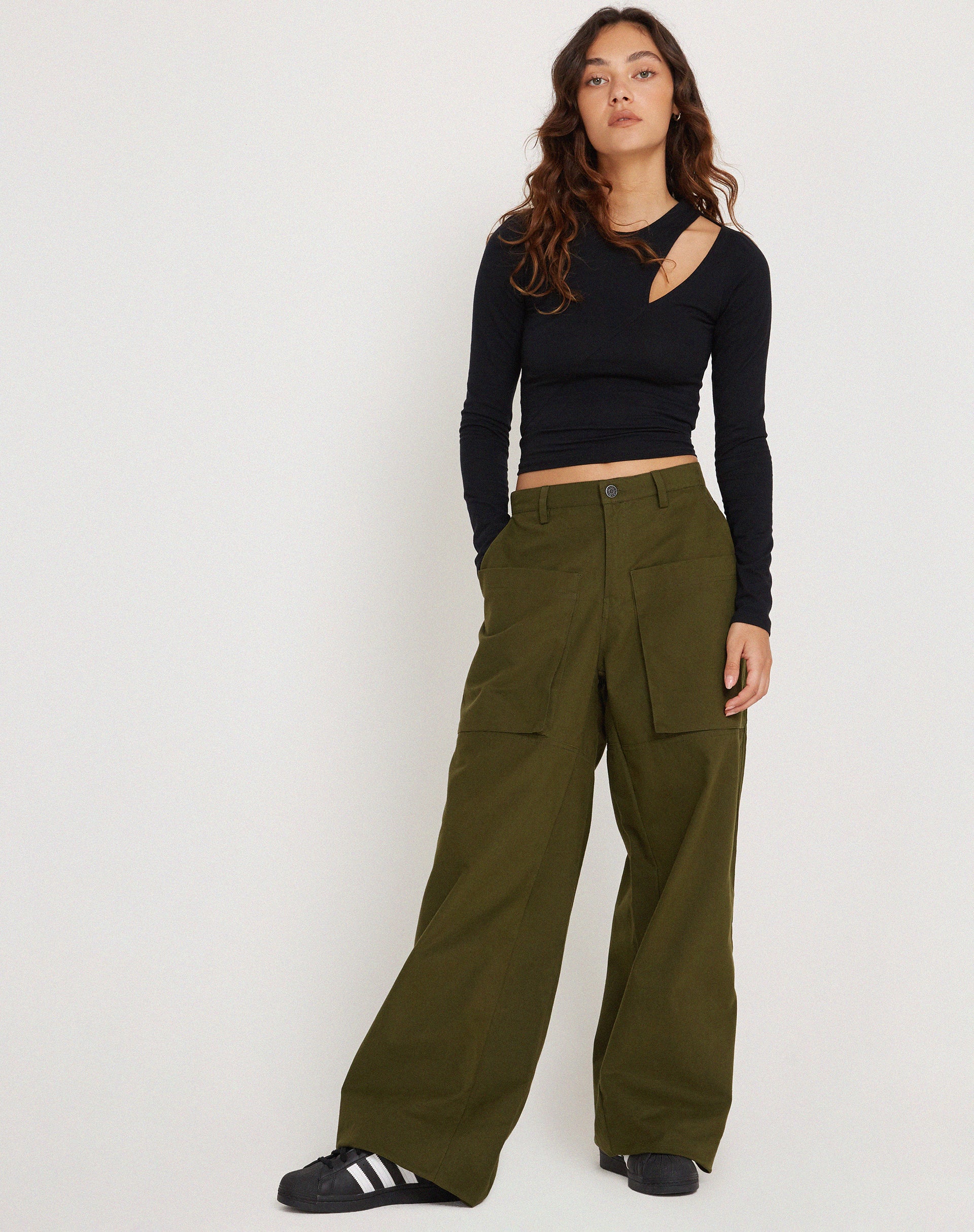 Phalia Wide Leg Cargo Trouser in Dark Olive - Awmao