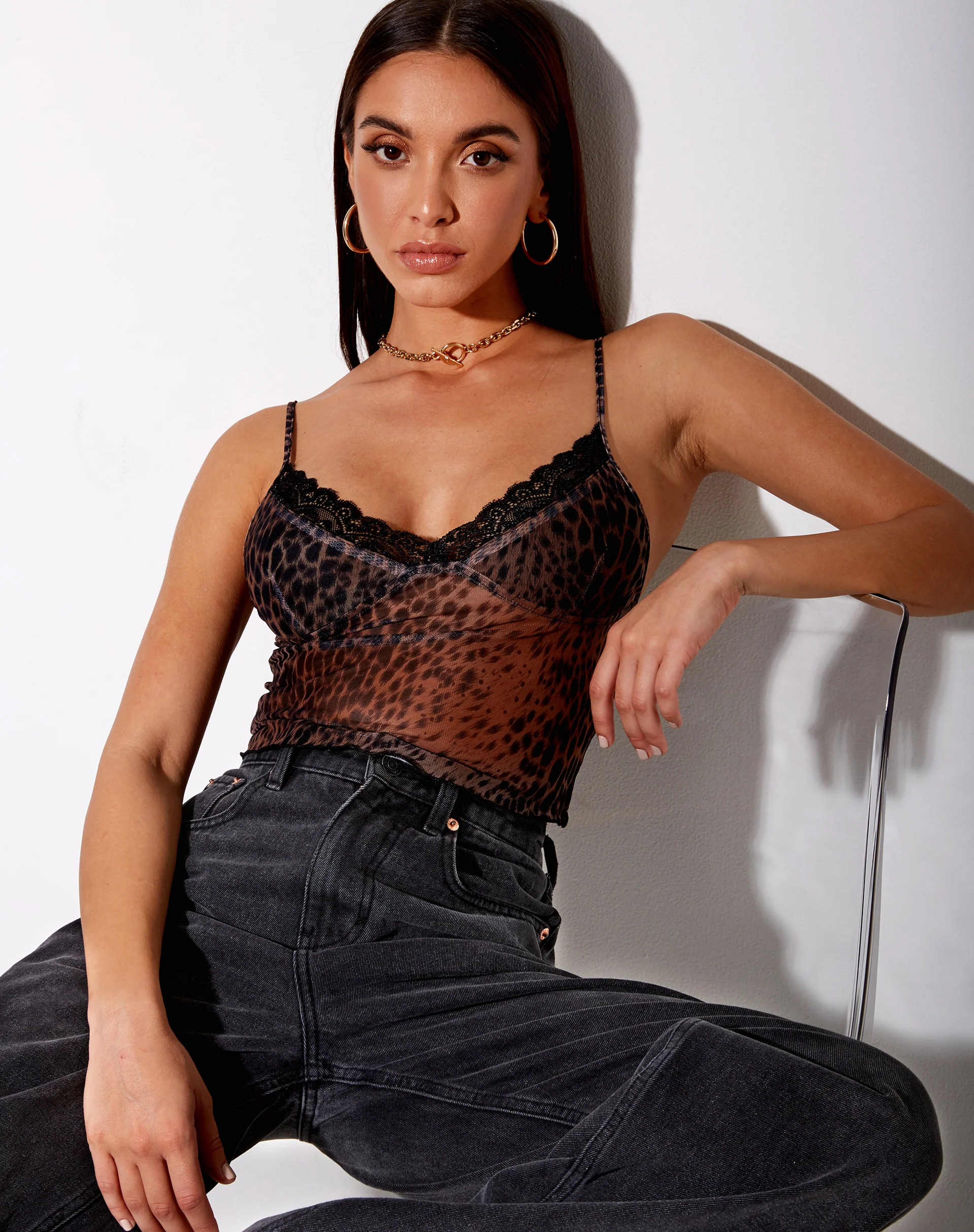 Yenika Crop Top in Gradient Cheetah Brown with Lace - Awmao