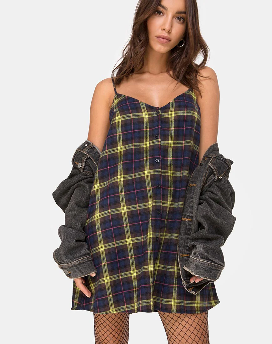 Sanna Slip Dress in Plaid Brown Yellow Check - Awmao