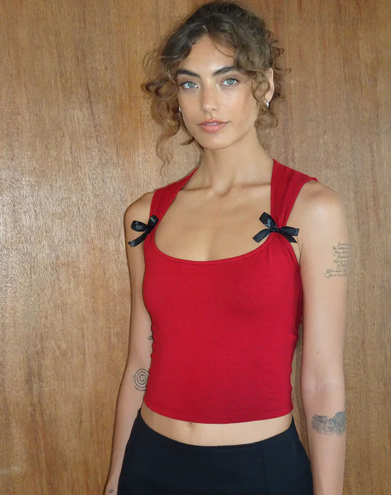Jiniso Crop Top in Adrenaline Red with Black Bows - Awmao