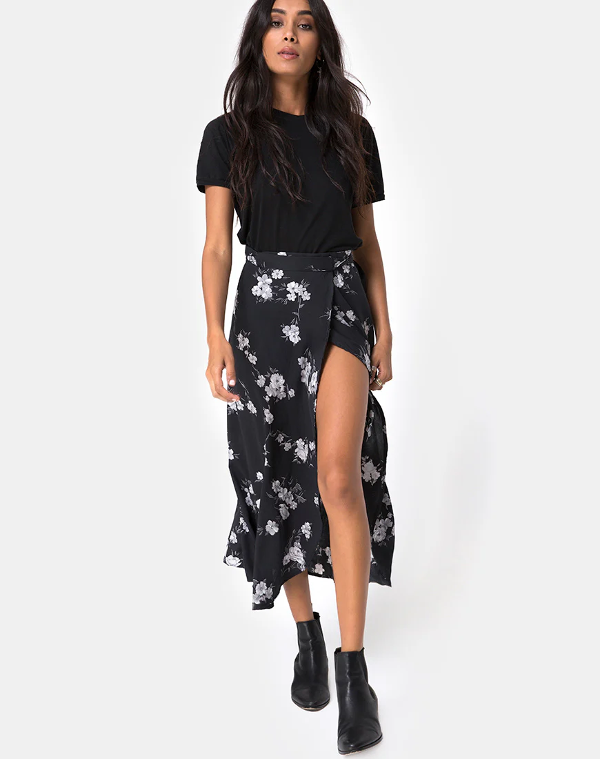 Satha Midi Skirt in Mono Flower Black - Awmao