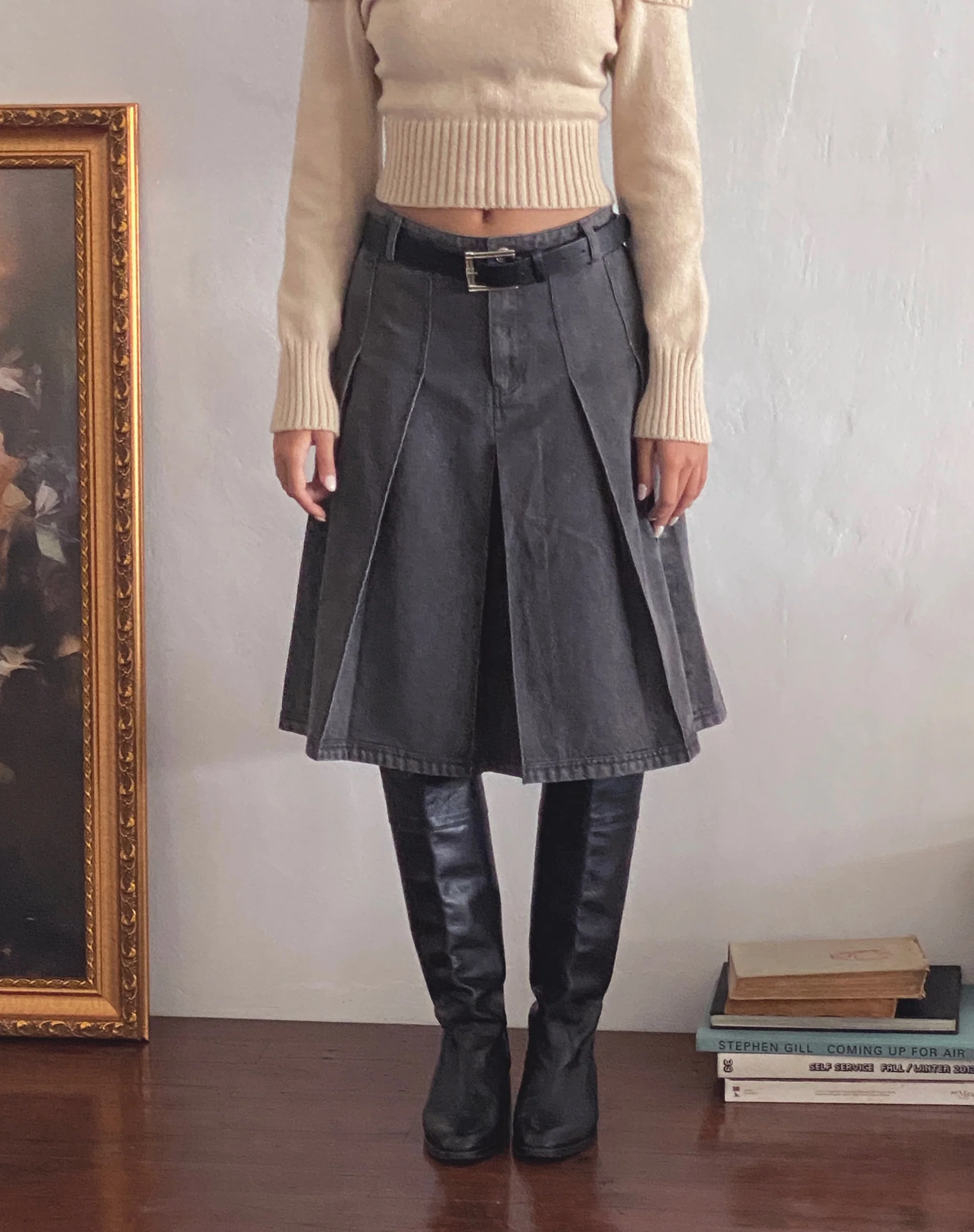 Sanjani Pleated Denim Midi Skirt in Grey Wash - Awmao