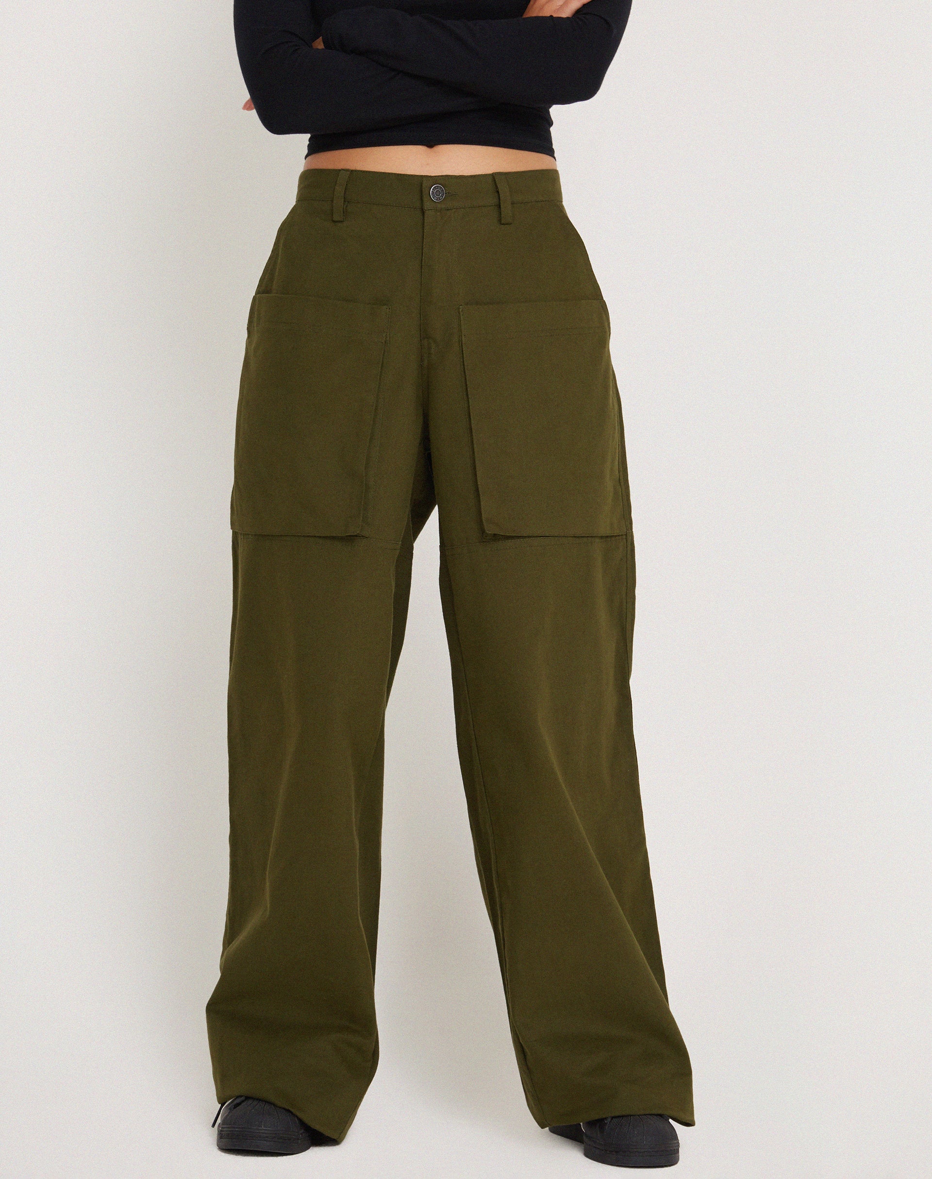 Phalia Wide Leg Cargo Trouser in Dark Olive - Awmao