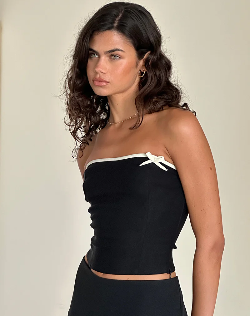 Matuha Bandeau Top in Black with Ivory Bow - Awmao