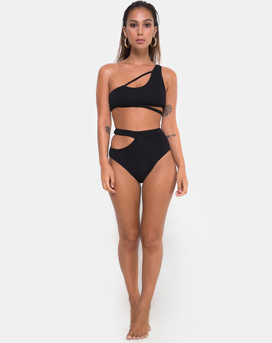 Dreama Bikini Bottom in Textured Black - Awmao
