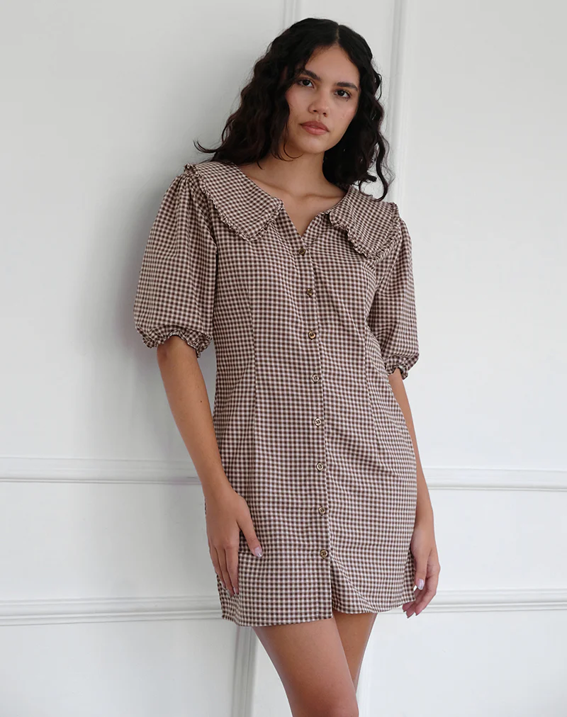 Deja Dress in Mini Gingham Brown - Awmao