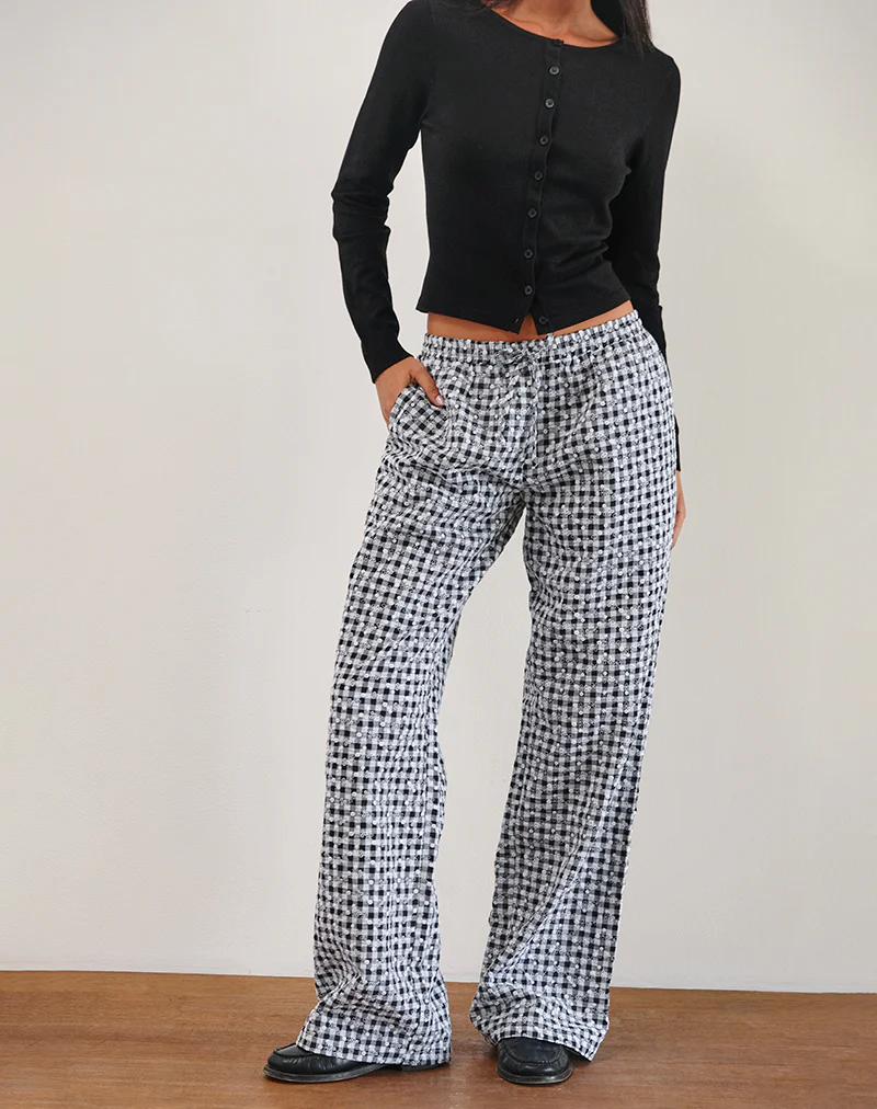 Wasic Wide Leg Linen Trouser in Floral Gingham Black - Awmao