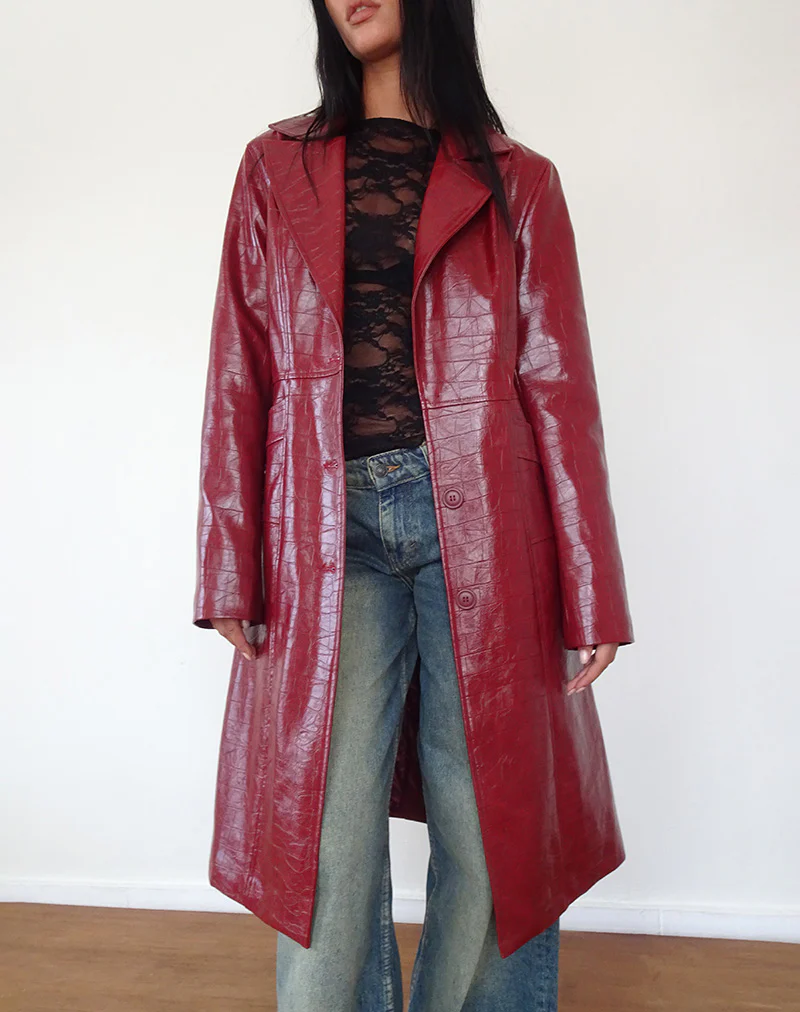 Abigail Coat in Matte PU Croc Burgundy - Awmao