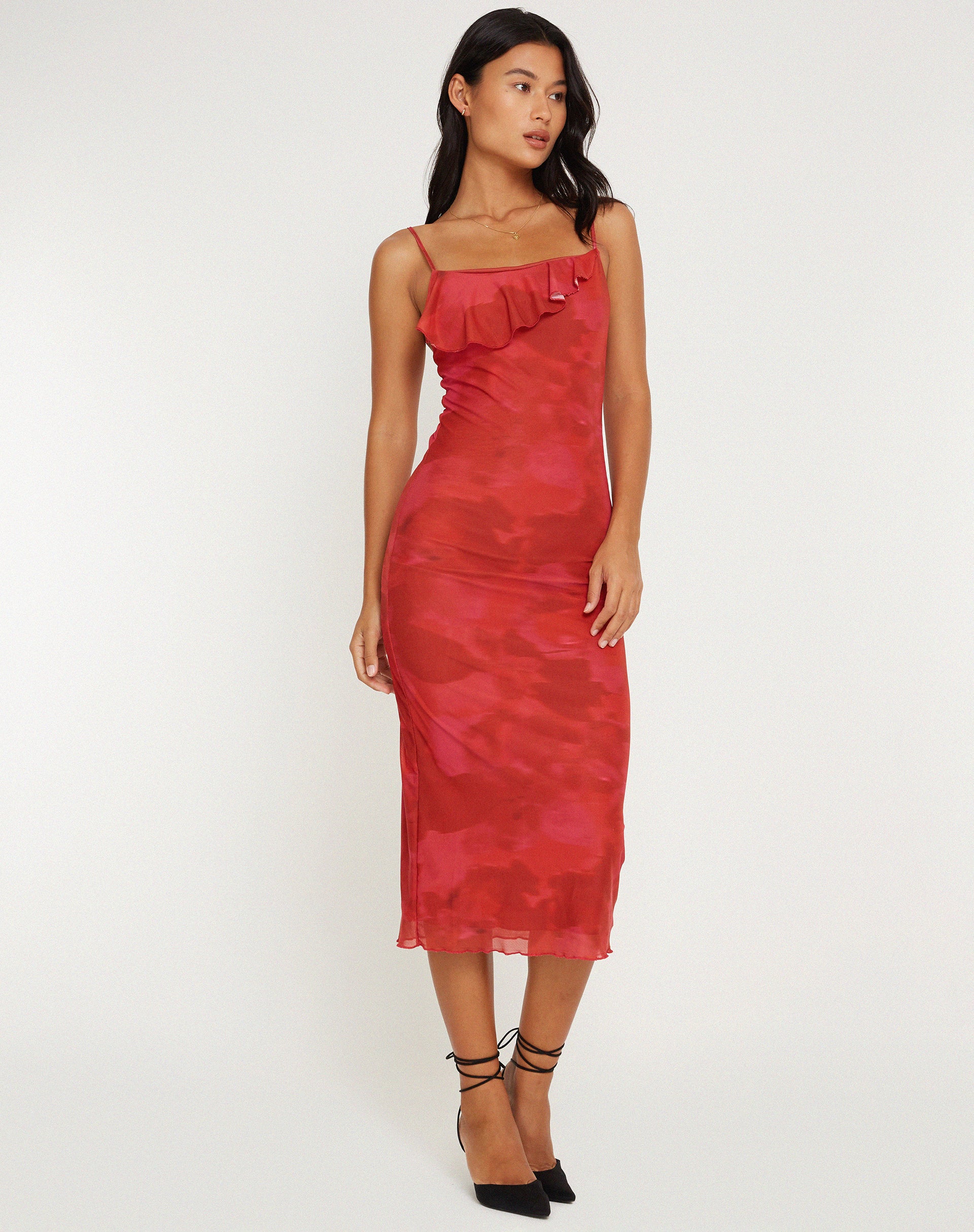 Kilia Midi Dress in Watercolour Floral Red - Awmao
