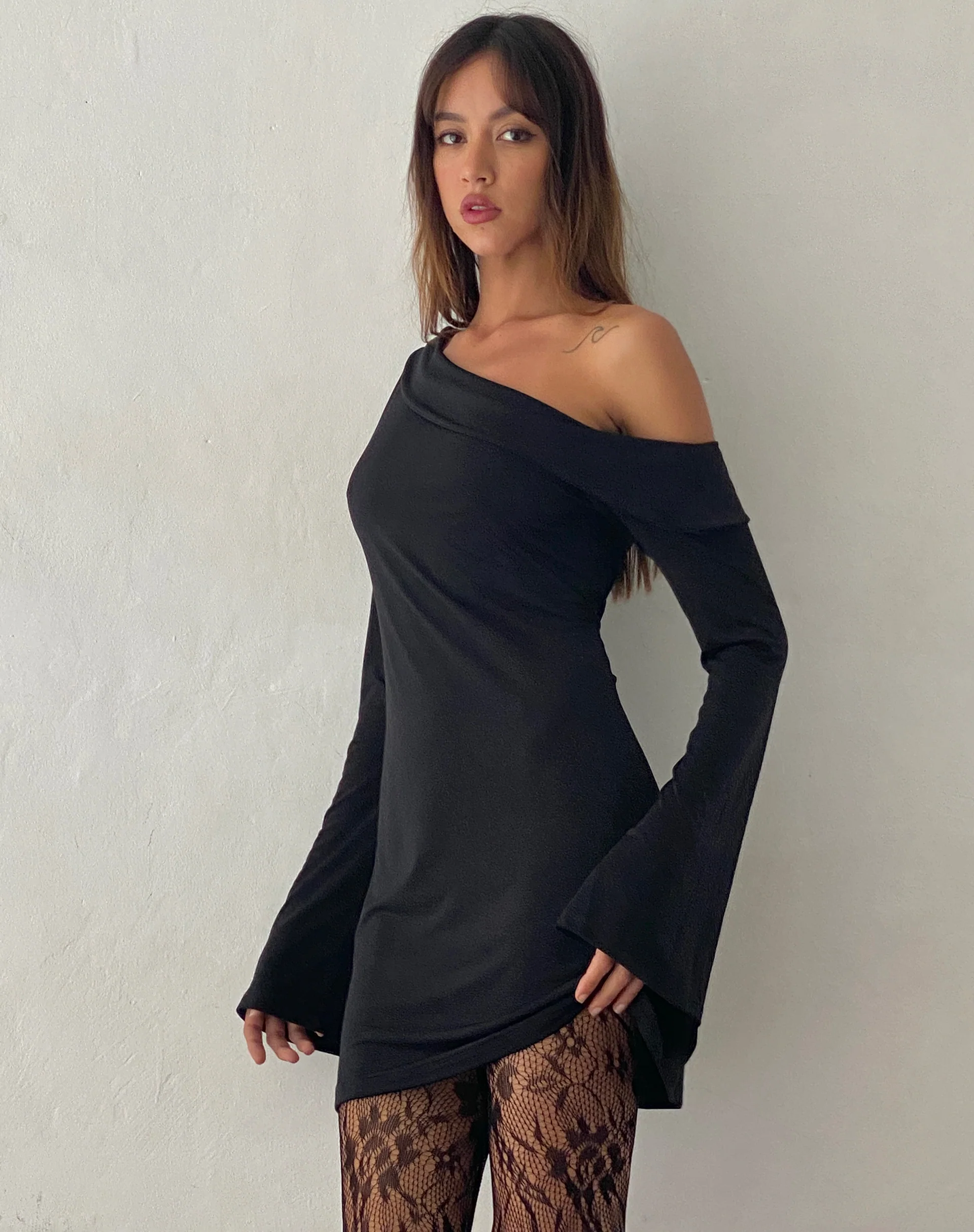 Fliss Asymmetric Mini Dress in Slinky Black - Awmao