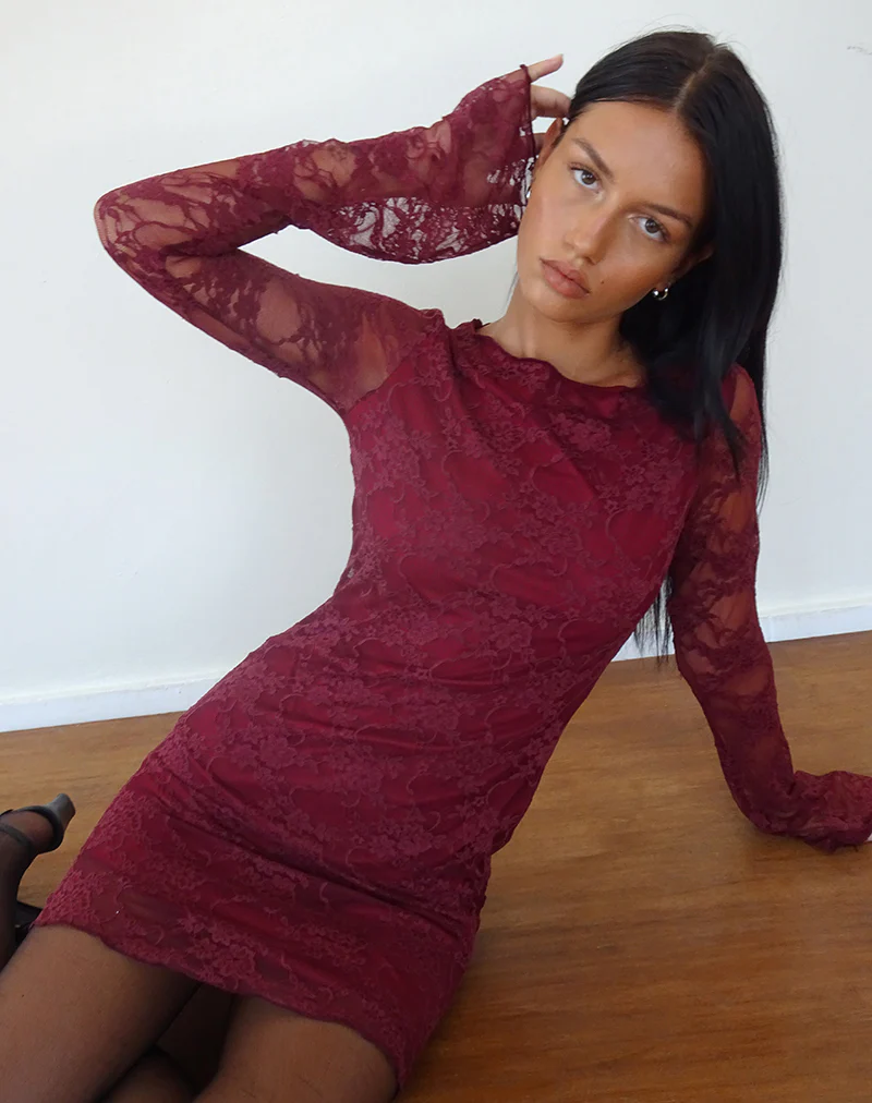 Sevila Long Sleeve Mini Dress Lace Burgundy - Awmao