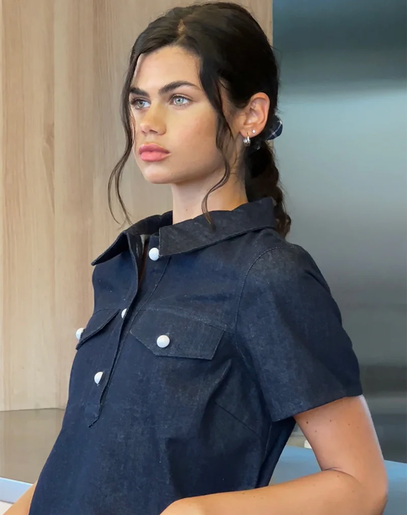 Reiga Smock Mini Dress in Denim Indigo - Awmao