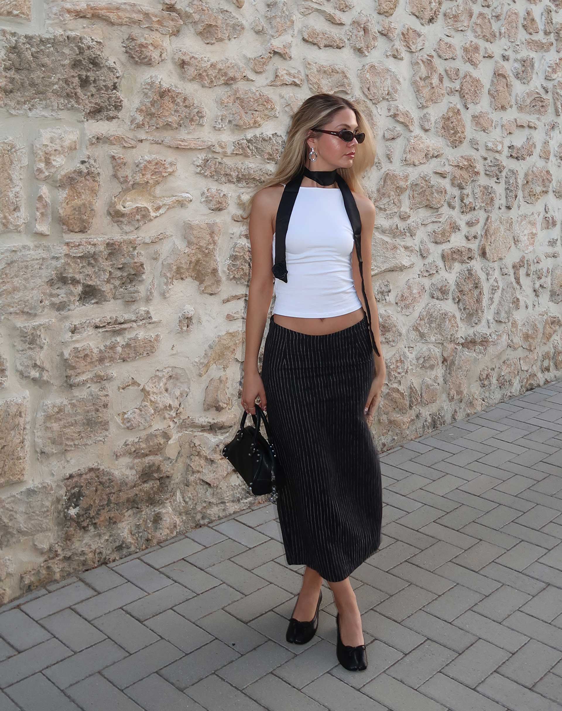 MOTEL X JACQUIE Duende Midi Skirt in Sketchy Stripe Black - Awmao