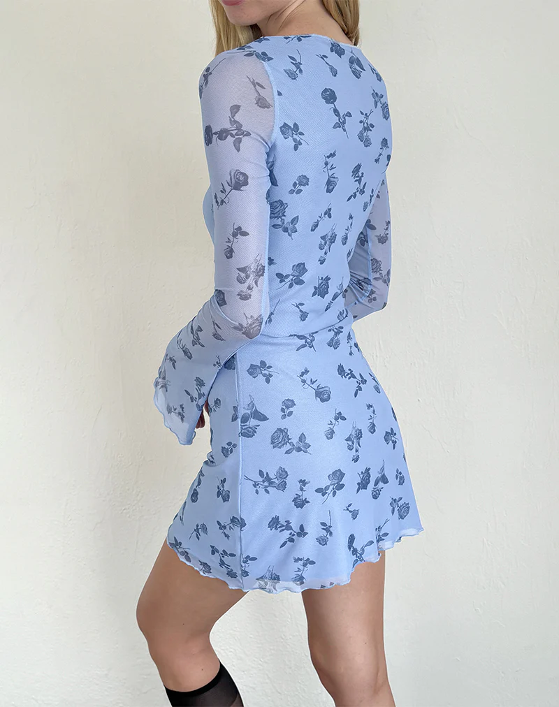 Sevila Long Sleeve Mini Dress in Inky Blue Floral Mesh - Awmao
