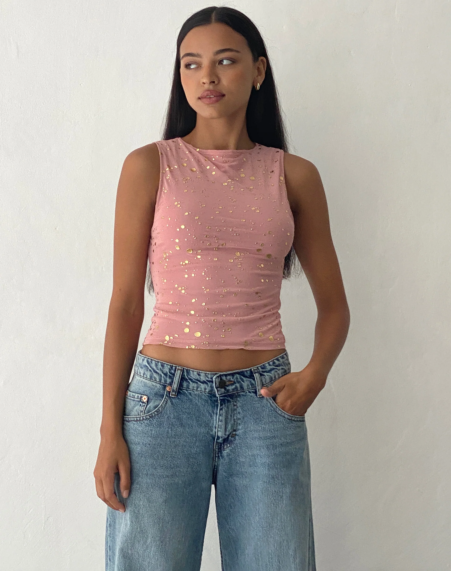Hala Vest Top in Pink with Rose Gold Foil - Awmao