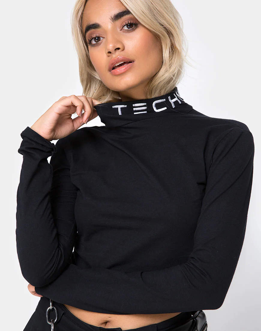 Rhala Crop Top in Tokyo Techno Black Embro - Awmao