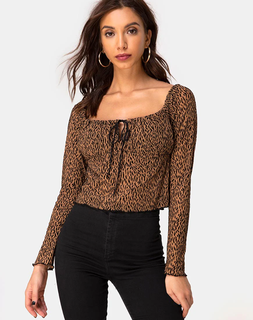 Janina Top in Animal Flock Tan Net - Awmao