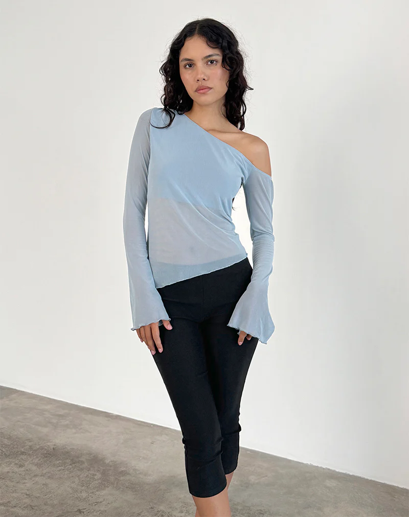 Narcissa Asymmetric Long Sleeve Top in Mesh Light Blue - Awmao