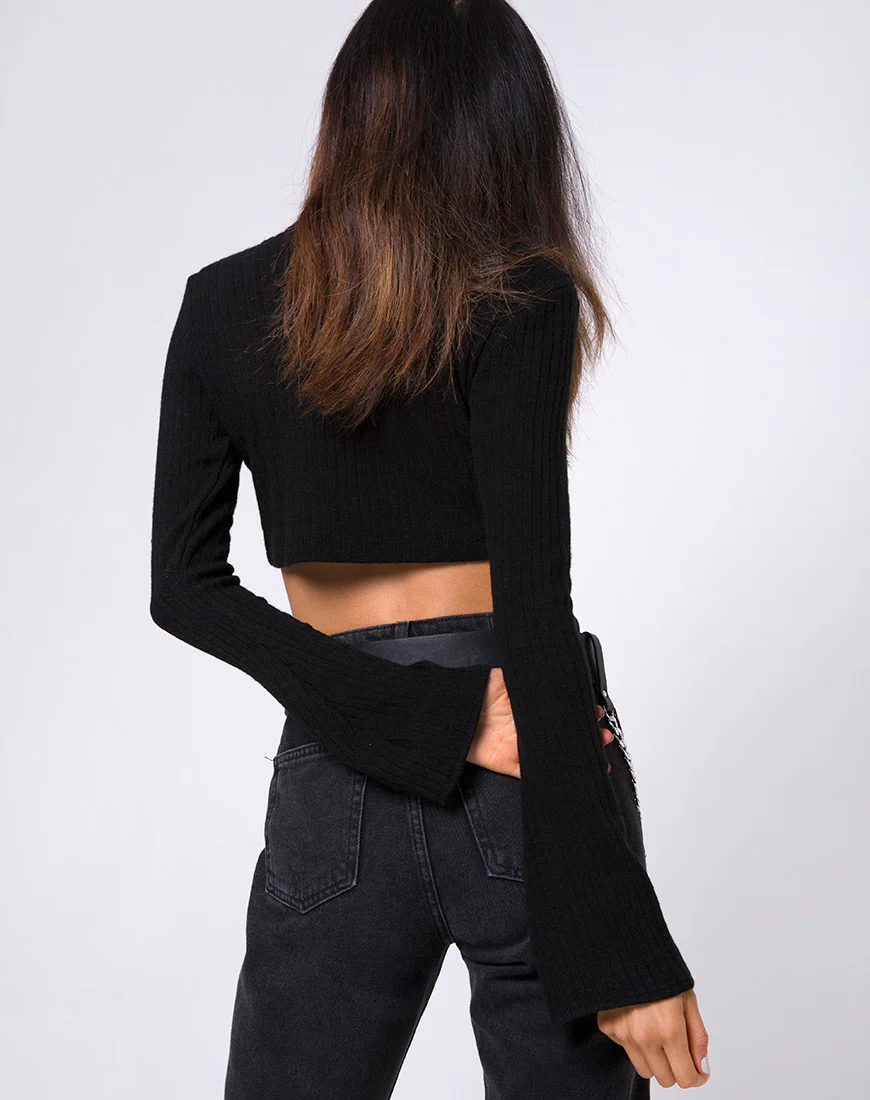 Elena Crop Top in Rib Knit Black - Awmao