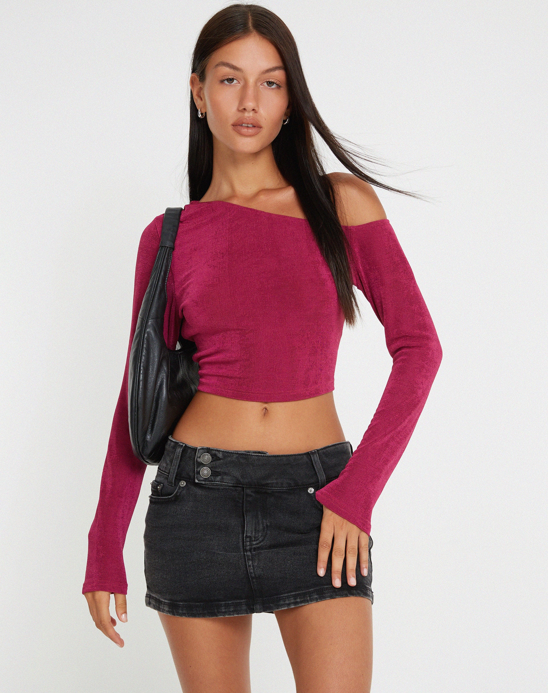 Lousa Long Sleeve Crop Top in Magenta Purple - Awmao