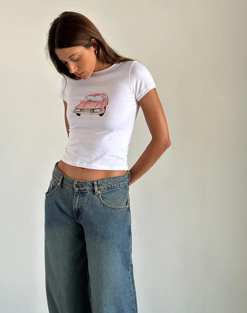 Sutin Baby Tee in White with Scribble Car Graphic - Awmao