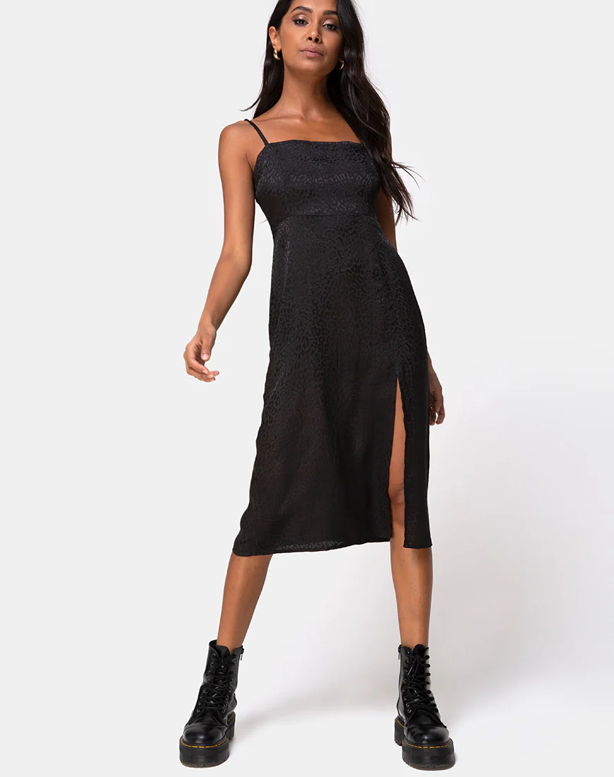 Kaoya Midi Dress in Satin Cheetah Black - Awmao