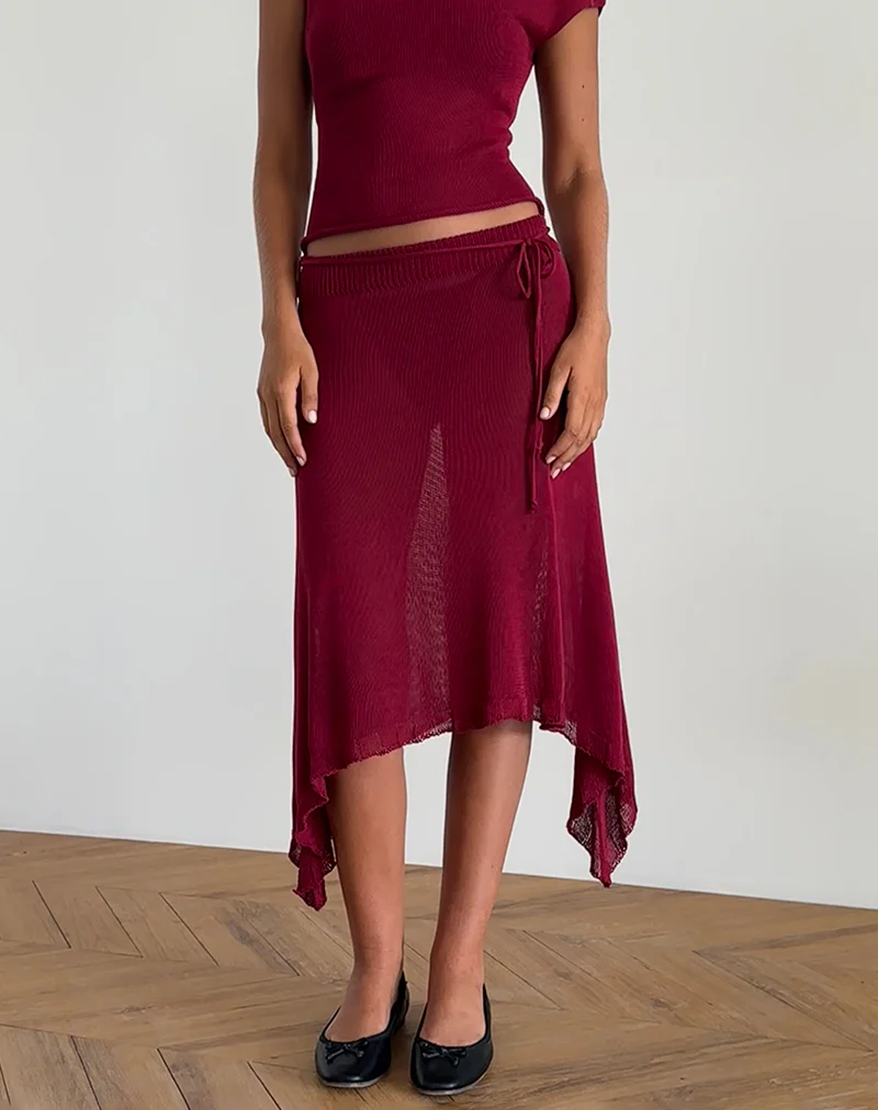 Leysa Midi Skirt in Sheer Knit Red - Awmao
