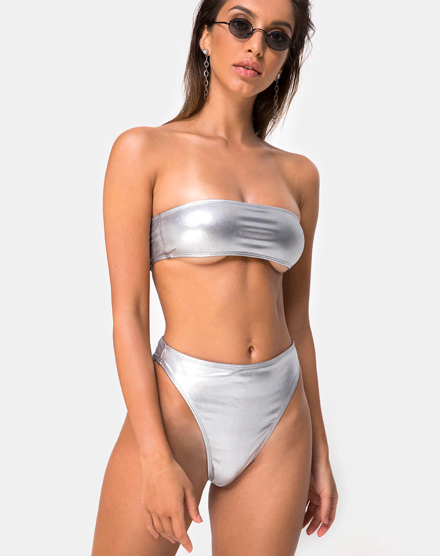 Lien Bikini Top in Metallic Silver - Awmao