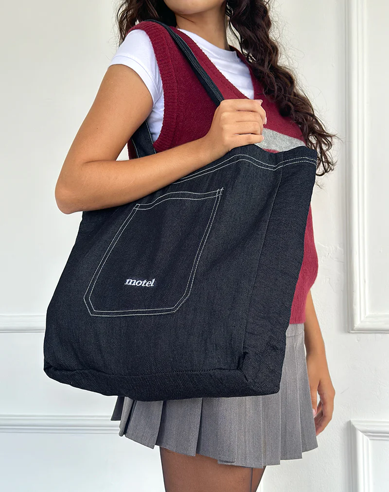Ruka Tote Bag in Denim Indigo with White Motel Embroidery - Awmao