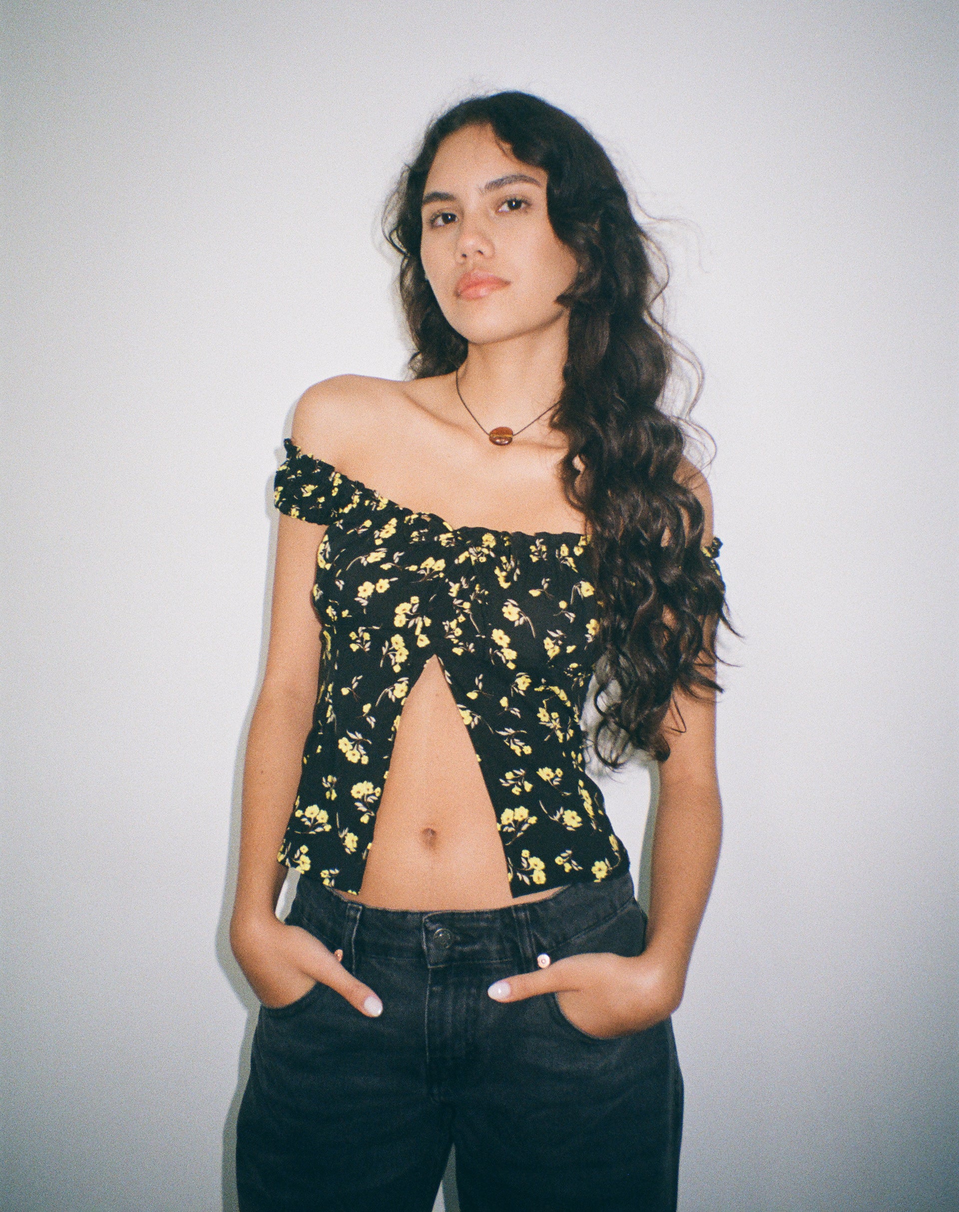 Citra Bardot Frill Top in Buttercup Black Yellow - Awmao
