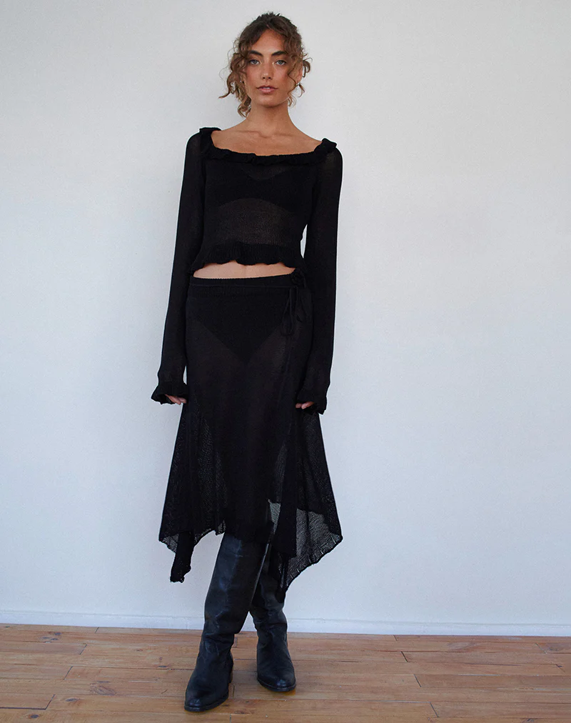 Tierra Fine Knit Midi Skirt in Black - Awmao