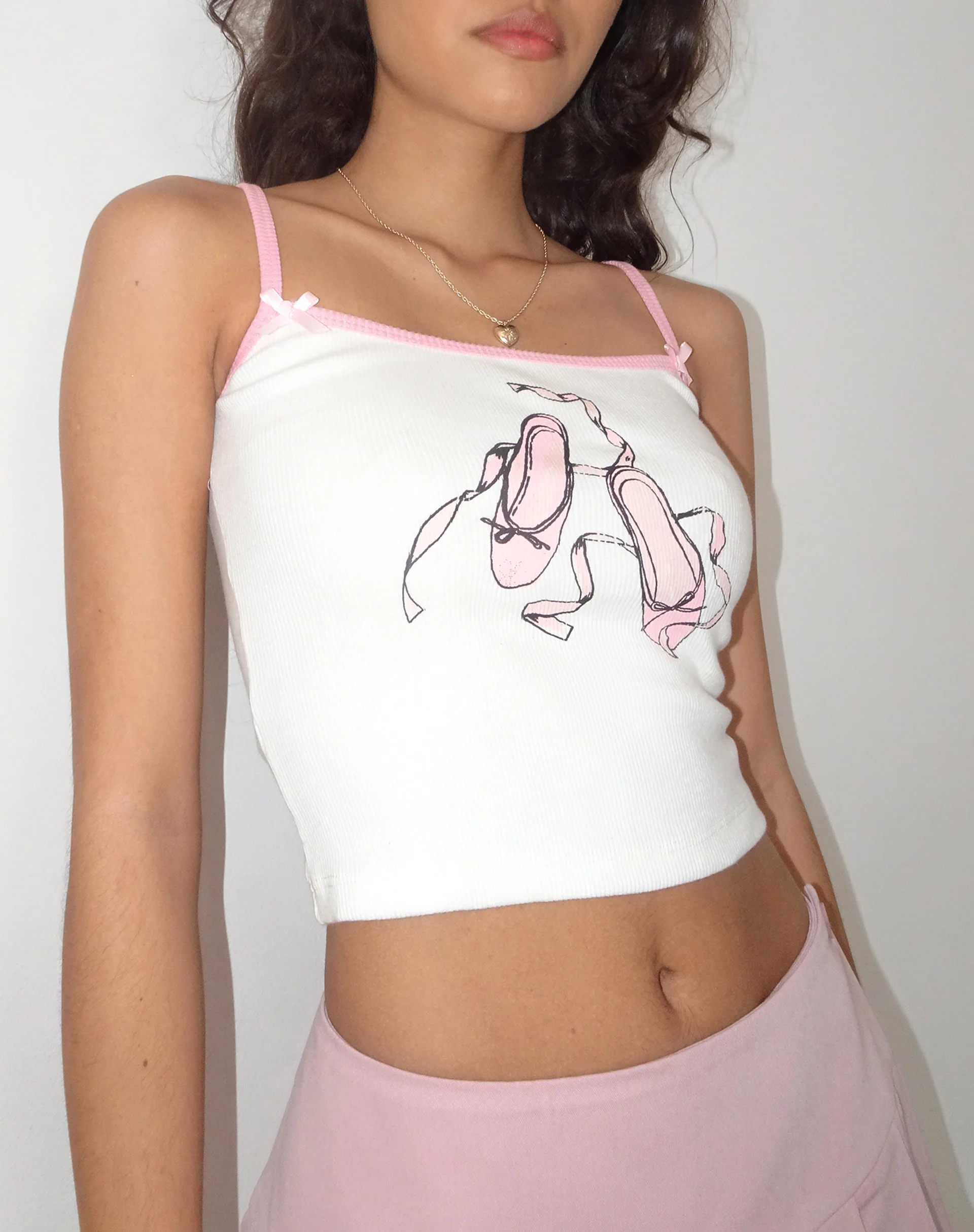 Islay Vest Top in White with Ballet Shoe Print - Awmao
